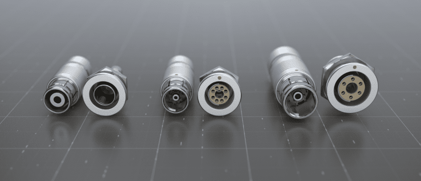 Hybrid configurations of two or three types of channels integrated within one single, small, multi-tasking cable/connector help medical OEMs make devices smaller, lighter, and easier to use. The versatile Fischer Core Series in brass offers fluidic connectors (above)
